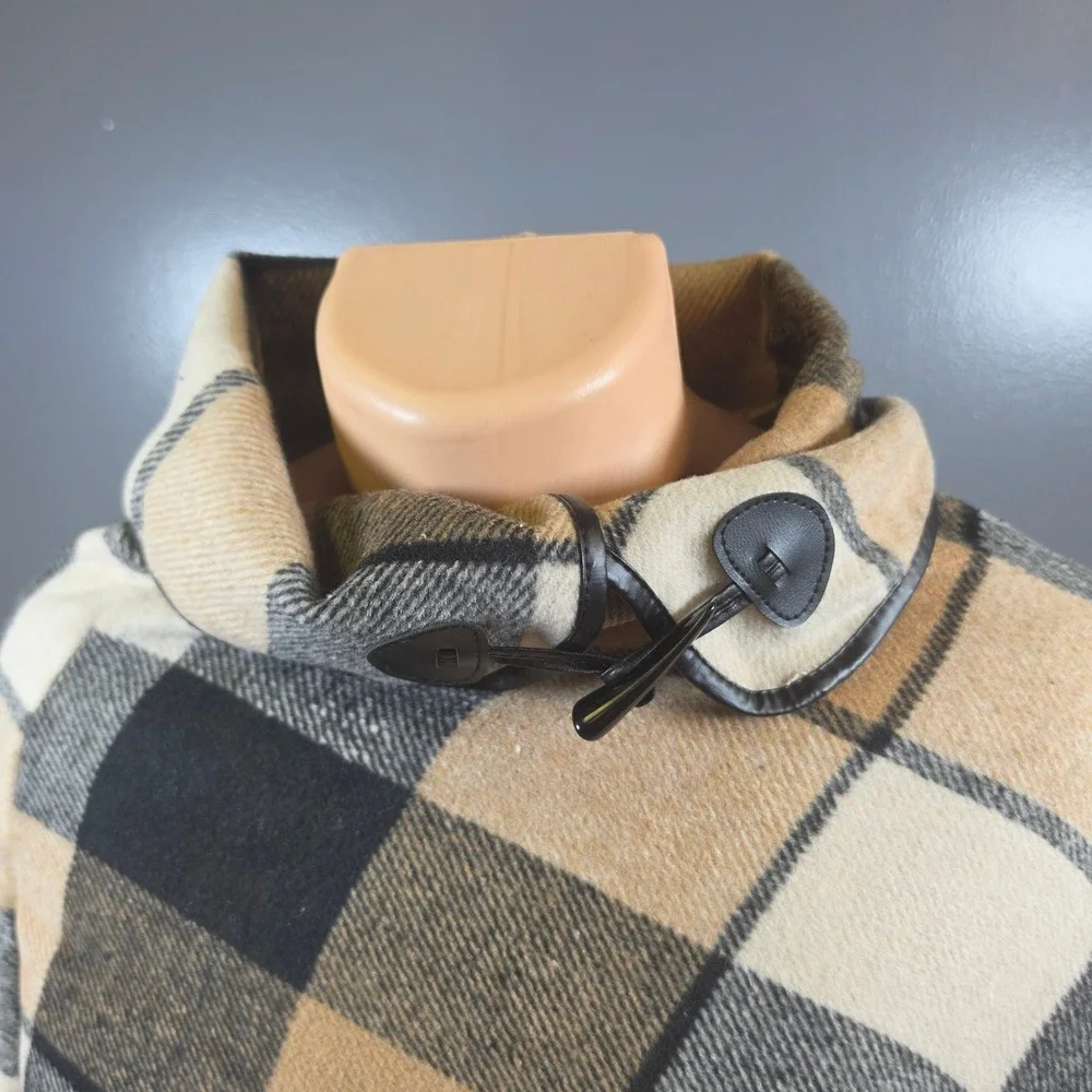 Plaid Poncho Women OS Brown Good Toggle Faux Leather Trim Wrap